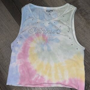 Studded tie dye playboy tank with “playboy” rhinestones